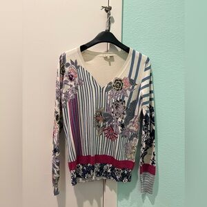 Etro silk and elastane long sleeve V-neck, white with floral and stripe pattern